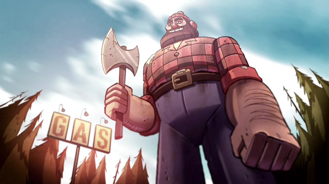 The giant Paul Bunyan lumberjack holding his axe in the Gravity Falls opening